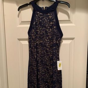 B Darlin Navy and Cream Lace Knee-Length Dress